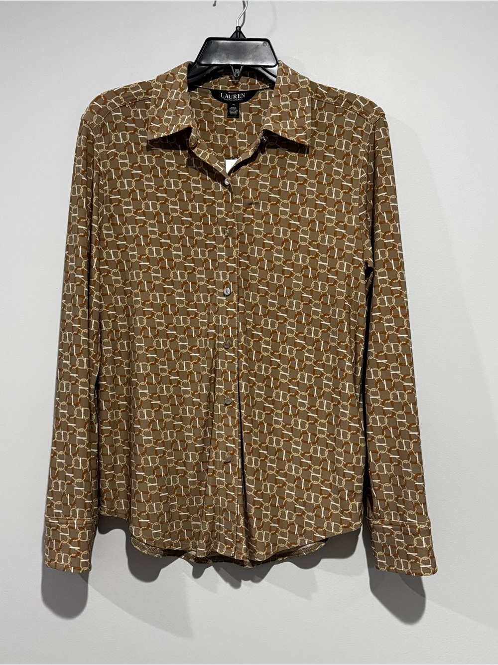 NWT Lauren Ralph Lauren Brown Geometric Print Long-Sleeve Shirt M